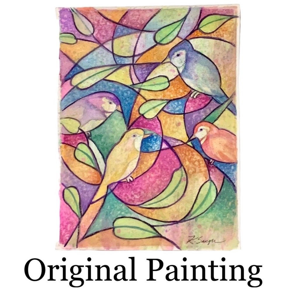 HAND CRAFTED Original Watercolor Painting “Four Birds”  in abstract style